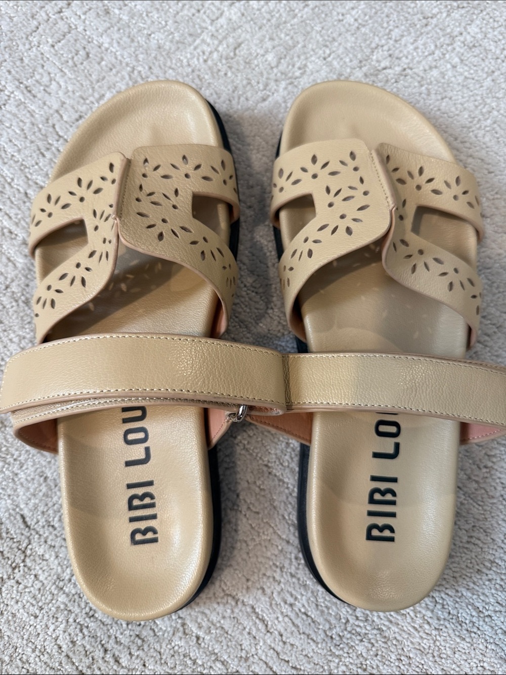 Bibi Lou Beige Laser-Cut Slide Sandals